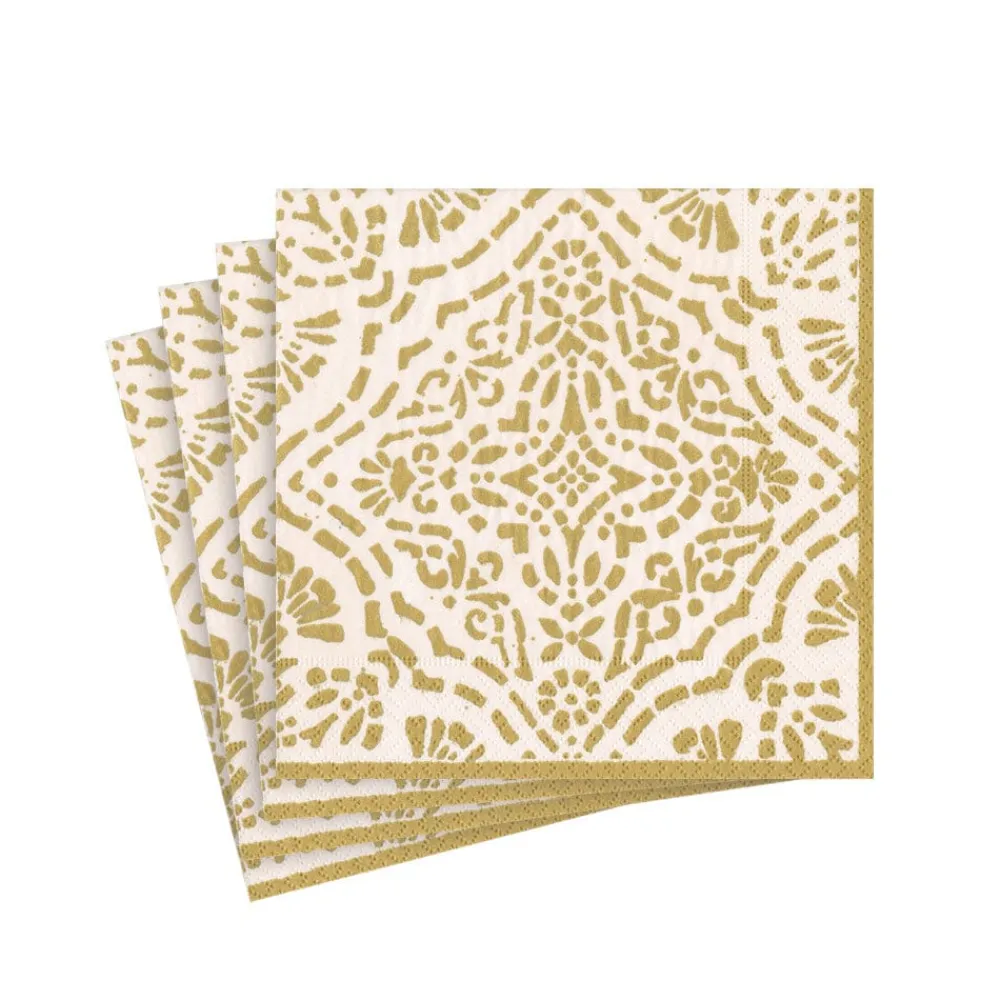 Caspari Christmas Napkins|Cocktail Party|Annika Paper Cocktail Napkins in Ivory & Gold - 20 Per Package
