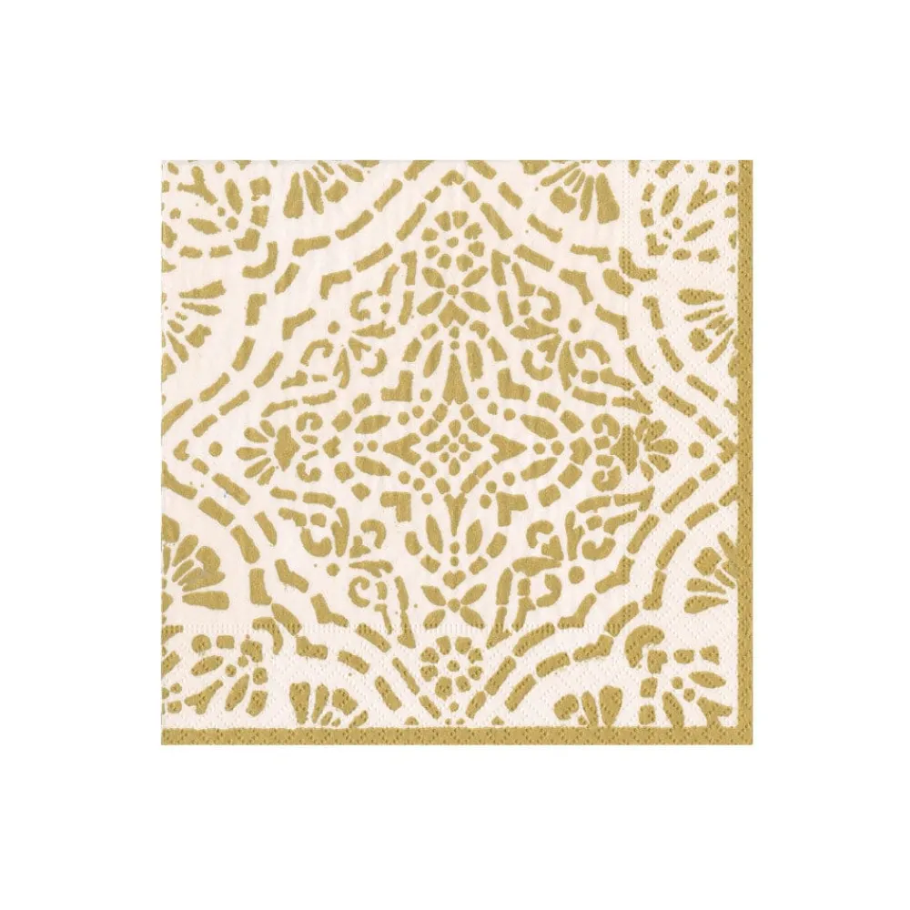 Caspari Christmas Napkins|Cocktail Party|Annika Paper Cocktail Napkins in Ivory & Gold - 20 Per Package