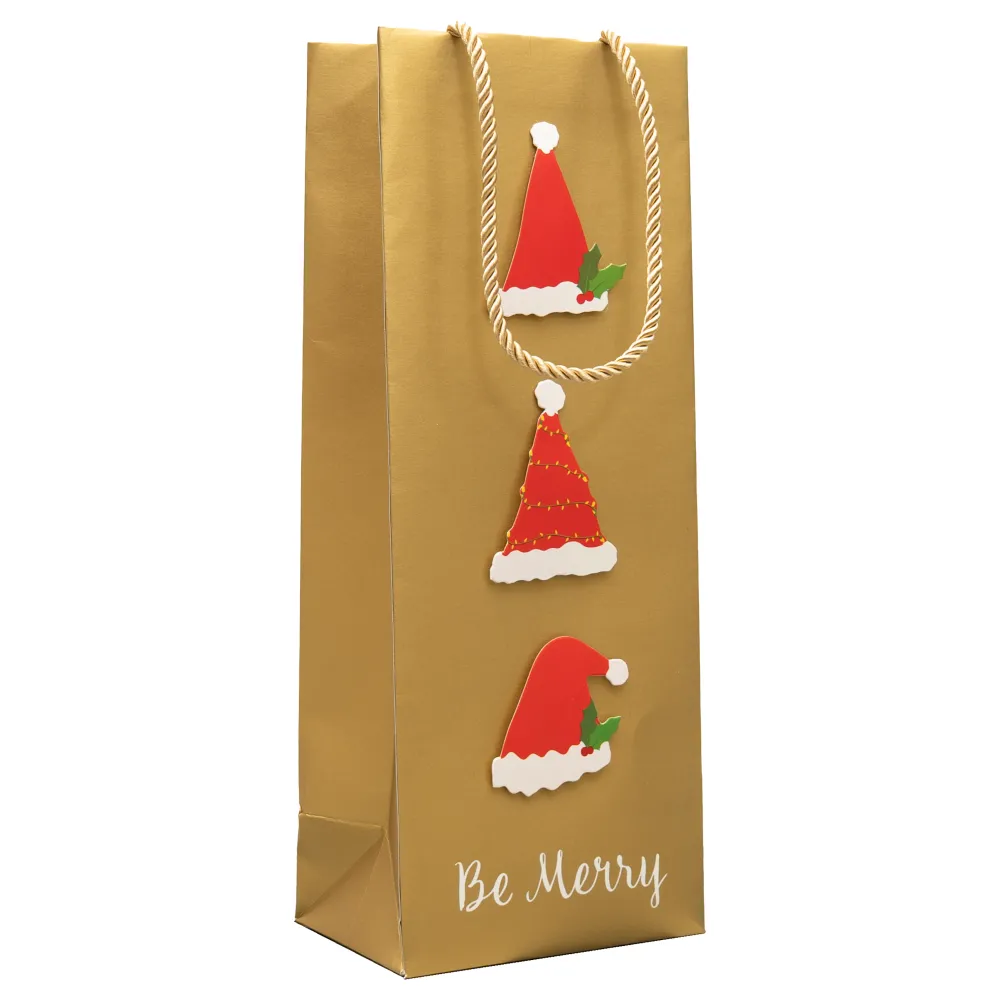 Caspari Christmas Gift & Bottle Bags|Be Merry Gold Gift Bags - includes 1 Gift Bags