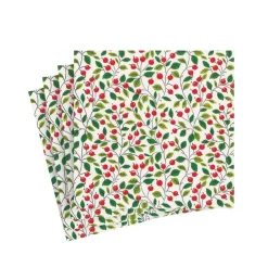 Caspari Christmas Napkins|Thanksgiving|Berries and Leaves Paper Cocktail Napkins in White - 20 Per Package