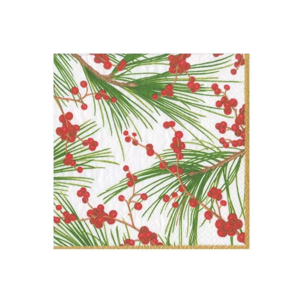 Caspari Christmas Napkins|Paper Cocktail Napkins|Berries and Pine Paper Cocktail Napkins - 20 Per Package
