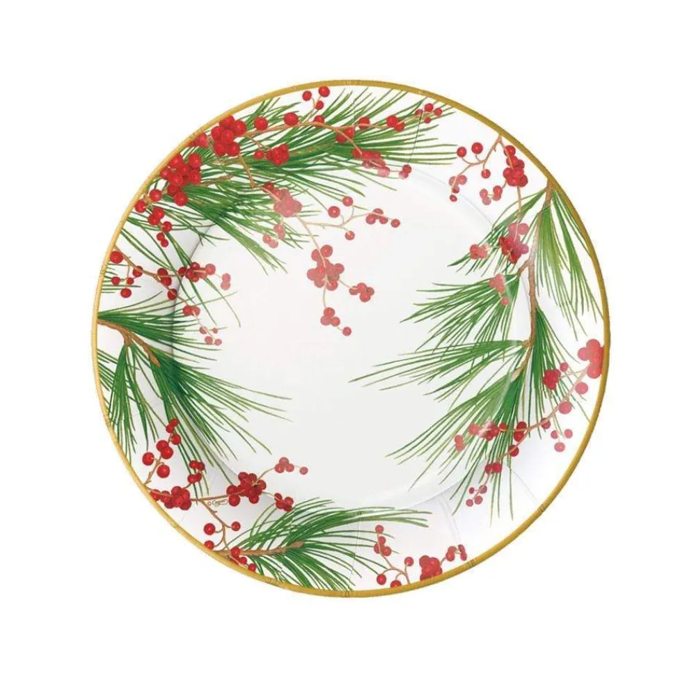 Caspari Christmas Plates|Paper Salad And Dessert Plates|Berries and Pine Paper Salad & Dessert Plates - 8 Per Package