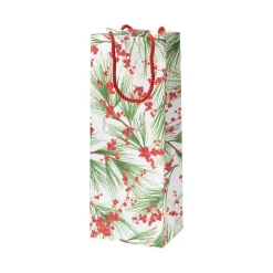 Caspari Christmas Gift & Bottle Bags|Gift & Bottle Bags|Berries and Pine Wine & Bottle Gift Bag in White - 1 Each