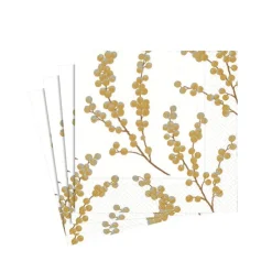 Caspari Christmas Napkins|Thanksgiving|Berry Branches Paper Cocktail Napkins in White & Gold - 20 Per Package