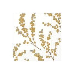 Caspari Christmas Napkins|Thanksgiving|Berry Branches Paper Cocktail Napkins in White & Gold - 20 Per Package