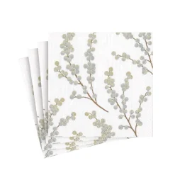 Caspari Christmas Napkins|Hanukkah|Berry Branches Paper Cocktail Napkins in White & Silver - 20 Per Package