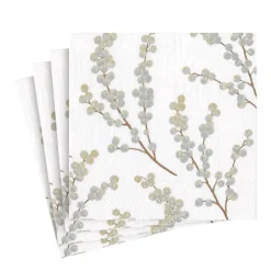 Caspari Christmas Napkins|Hanukkah|Berry Branches Paper Luncheon Napkins in White & Silver - 20 Per Package