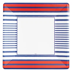 Caspari Memorial Day|Paper Dinner Plates|Breton Stripe Square Dinner Plates in Blue - 8 Per Package