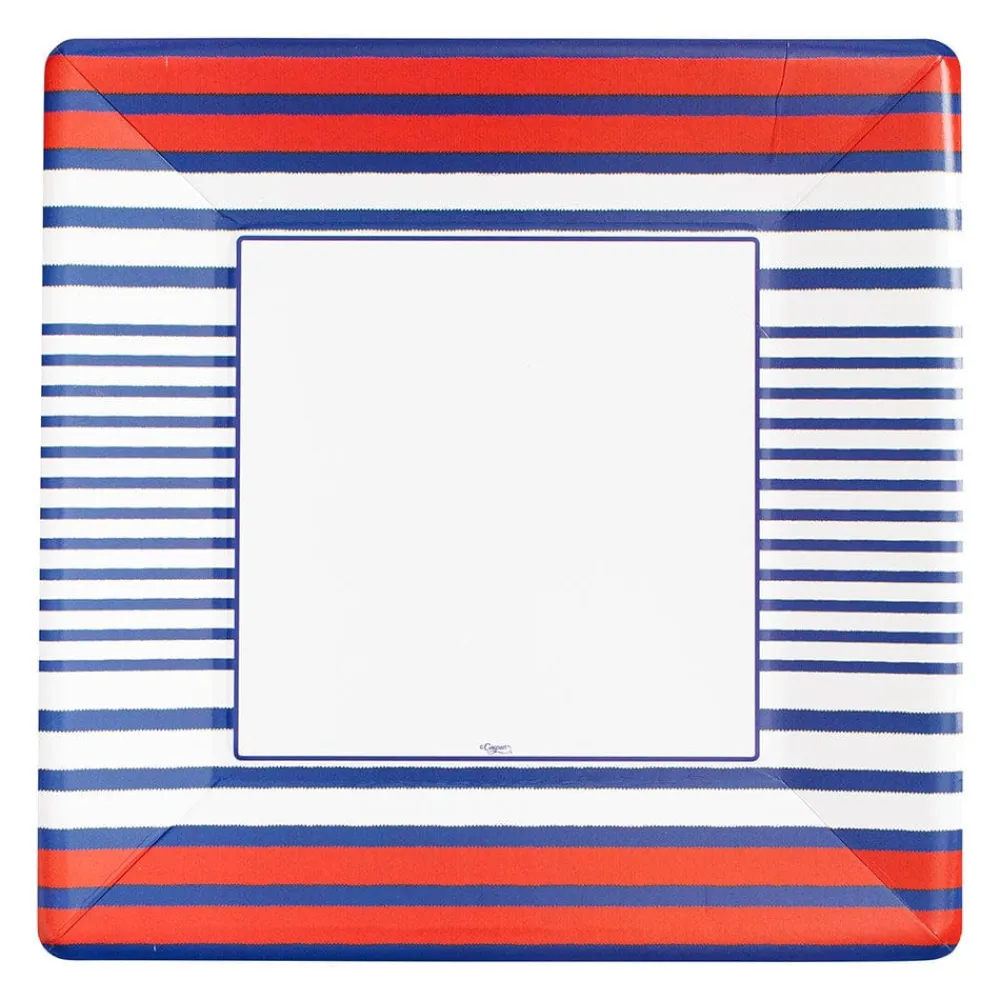 Caspari Memorial Day|Paper Dinner Plates|Breton Stripe Square Dinner Plates in Blue - 8 Per Package