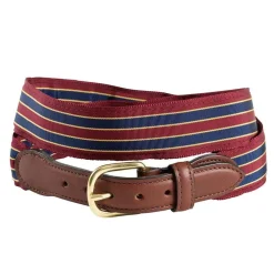 Barrons-Hunter Tailgates|Brick, Navy & Gold Grosgrain Belt with Brown Leather