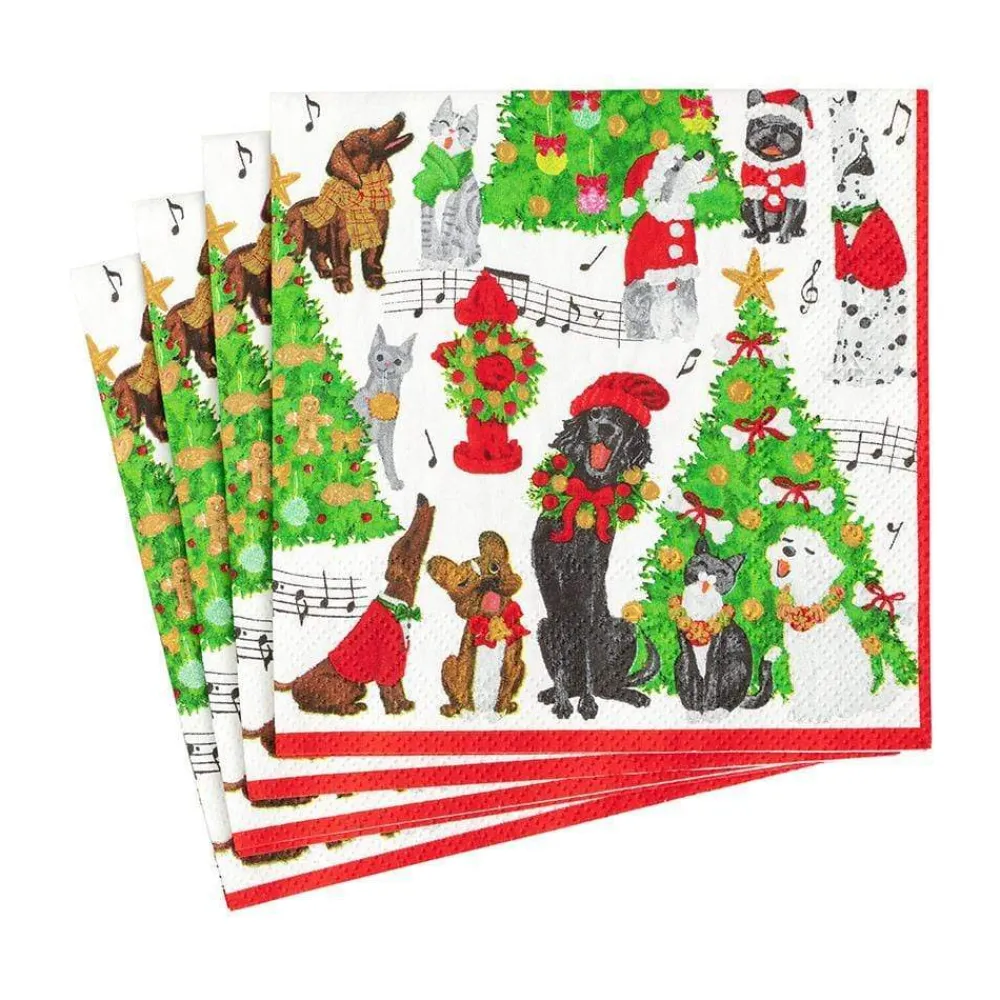 Caspari Christmas Napkins|Boxed Cocktail Napkins|Caroling Pets Boxed Paper Cocktail Napkins - 40 Per Box