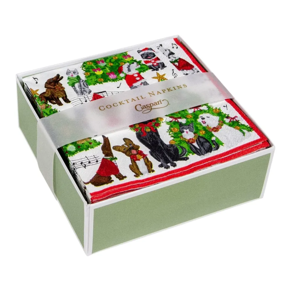 Caspari Christmas Napkins|Boxed Cocktail Napkins|Caroling Pets Boxed Paper Cocktail Napkins - 40 Per Box