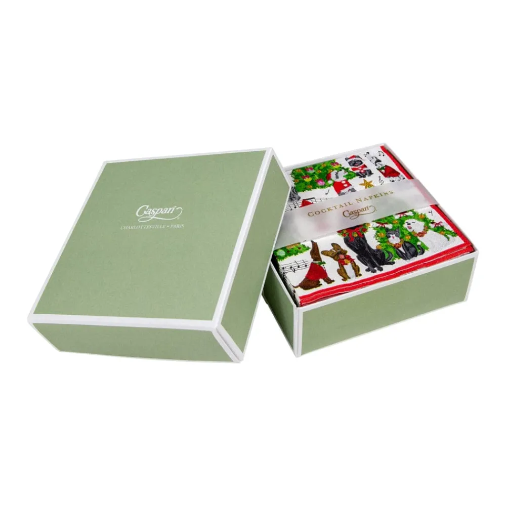 Caspari Christmas Napkins|Boxed Cocktail Napkins|Caroling Pets Boxed Paper Cocktail Napkins - 40 Per Box