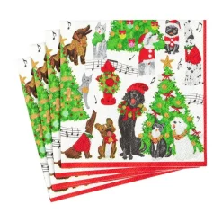 Caspari Christmas Napkins|Paper Cocktail Napkins|Caroling Pets Paper Cocktail Napkins - 20 Per Package