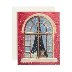 Caspari Christmas And Holiday Cards|Boxed Holiday Cards|Cat And Dog At Window Petite Boxed Christmas Cards - includes 15 cards & envelopes