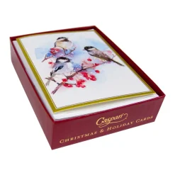 Caspari Christmas And Holiday Cards|Boxed Holiday Cards|Chickadees And Berry Branches A-Size Boxed Christmas Cards - 15 Cards And Envelopes