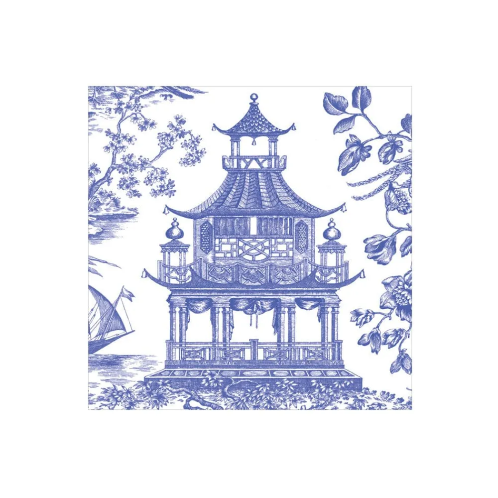 Caspari Cocktail Party|Paper Cocktail Napkins|Chinoiserie Toile Pagoda Paper Cocktail Napkins in Blue - 20 per Package