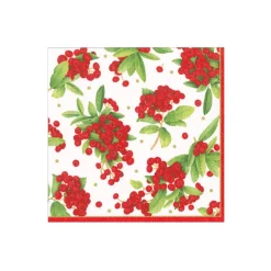 Caspari Christmas Napkins|Paper Cocktail Napkins|Christmas Berry Paper Cocktail Napkins in Red - 20 Per Package