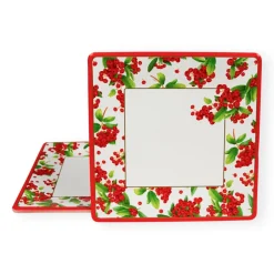 Caspari Christmas Plates|Paper Salad And Dessert Plates|Christmas Berry Square Paper Salad & Dessert Plates in Red - 8 Per Package