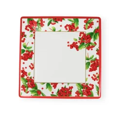 Caspari Christmas Plates|Paper Dinner Plates|Christmas Berry Square Paper Dinner Plates in Red - 8 Per Package