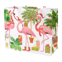 Caspari Christmas Gift & Bottle Bags|Gift & Bottle Bags|Christmas Flamingos Large Gift Bag - 1 Each