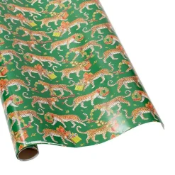 Caspari Christmas Wrapping Paper|Wrapping Paper|Christmas Leopards Gift Wrapping Paper in Dark Green - 30" x 8' Roll