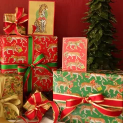 Caspari Christmas Wrapping Paper|Wrapping Paper|Christmas Leopards Gift Wrapping Paper in Dark Green - 30