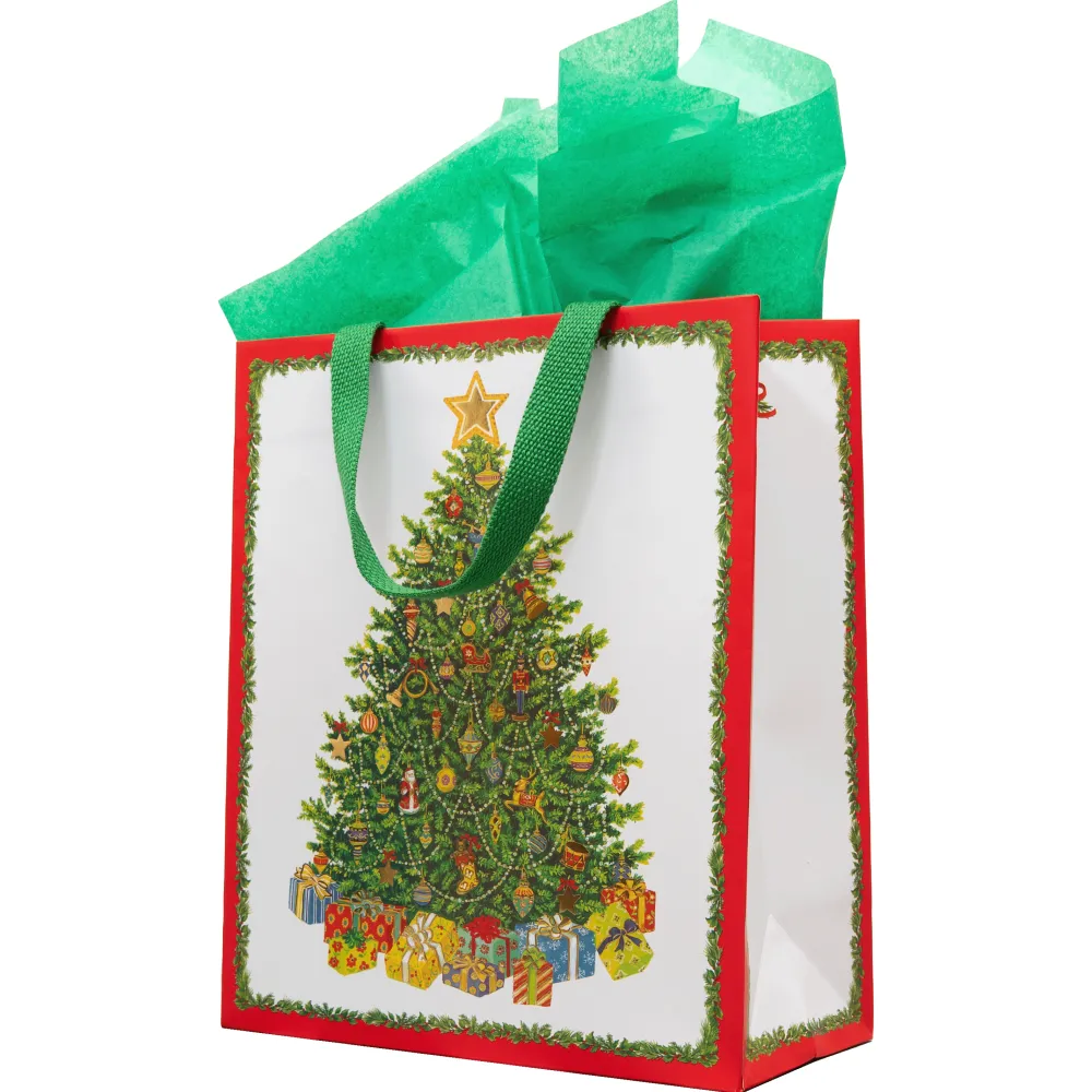 Caspari Christmas Gift & Bottle Bags|Gift & Bottle Bags|Christmas Tree Large Gift Bag 10"L x 4.75"W x 11.75"H - includes 1 bag