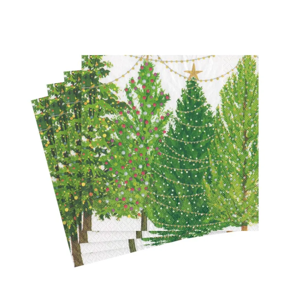 Caspari Christmas Napkins|Paper Cocktail Napkins|Christmas Trees with Lights Paper Cocktail Napkins - 20 Per Package