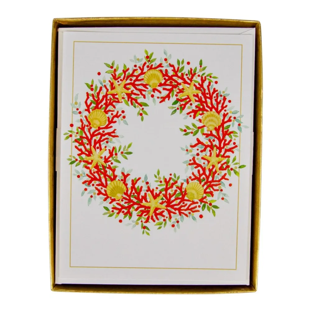 Caspari Christmas And Holiday Cards|Boxed Holiday Cards|Coral And Shell Wreath Foil Classic Embossed Boxed Christmas Cards - includes 10 cards & envelopes