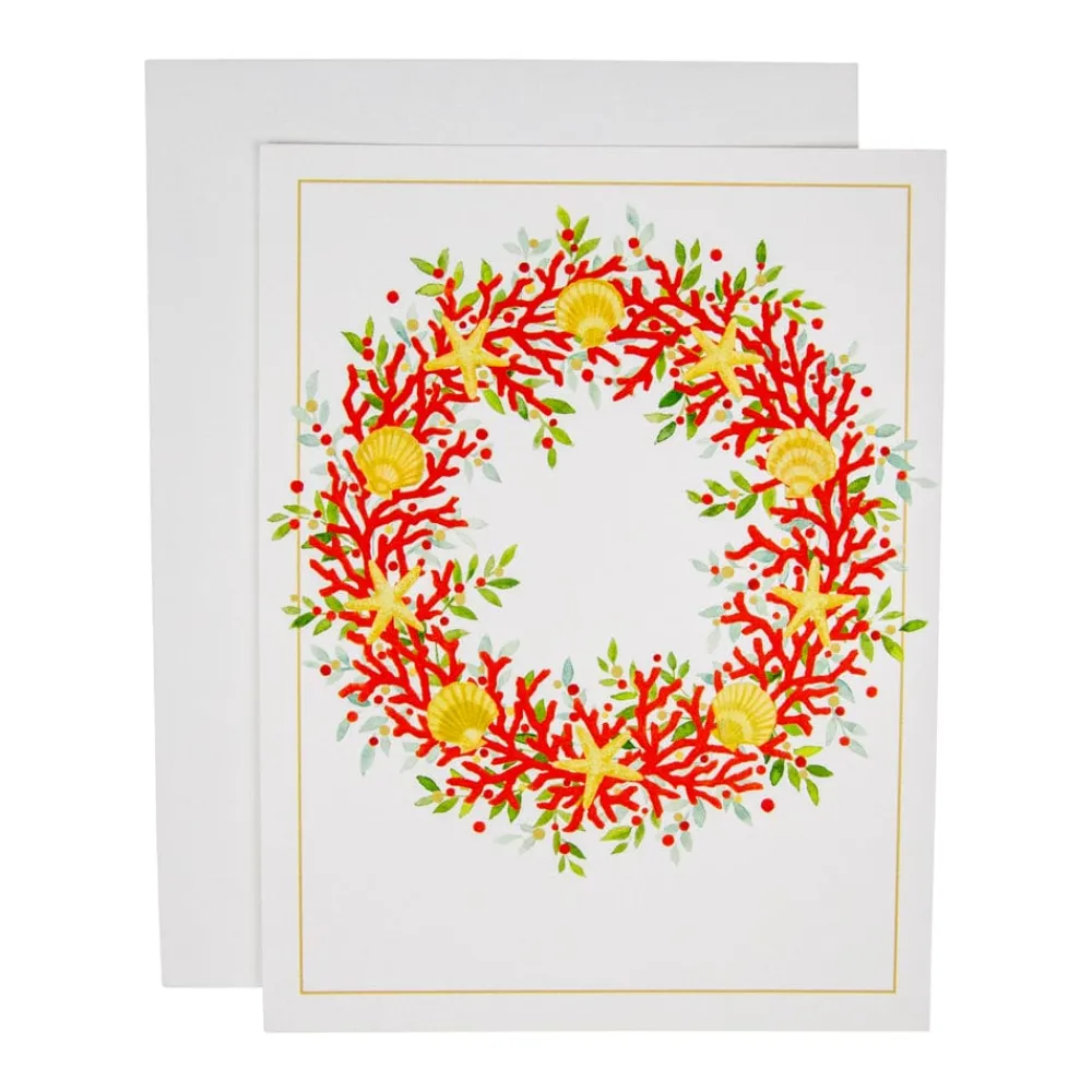 Caspari Christmas And Holiday Cards|Boxed Holiday Cards|Coral And Shell Wreath Foil Classic Embossed Boxed Christmas Cards - includes 10 cards & envelopes