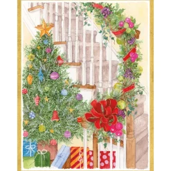 Caspari Christmas And Holiday Cards|Boxed Holiday Cards|Decorated Staircase And Christmas Tree Classic Boxed Christmas Cards - includes 15 cards & envelopes