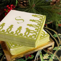 Caspari Christmas Napkins|Summer Picnic|Dessin Passementerie Paper Linen Cocktail Napkins in Moss Green - 15 Per Package