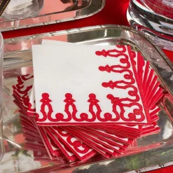 Caspari Christmas Napkins|Paper Cocktail Napkins|Dessin Passementerie Paper Linen Cocktail Napkins in Red - 15 Per Package