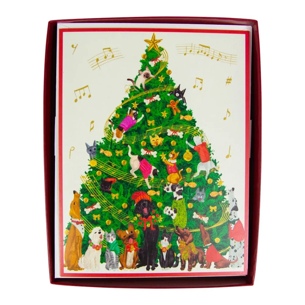 Caspari Christmas And Holiday Cards|Boxed Holiday Cards|Dogs And Cats Christmas Tree Large Boxed Christmas Cards - includes 15 cards & envelopes