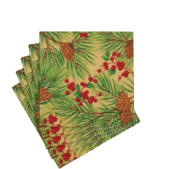 Caspari Paper Cocktail Napkins|Evergreen and Berries Gold Cocktail Napkins - includes 20 Cocktail Napkins