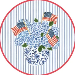 Caspari Fourth Of July|Memorial Day|Flags and Hydrangeas Round Paper Placemats - 12 Per Package