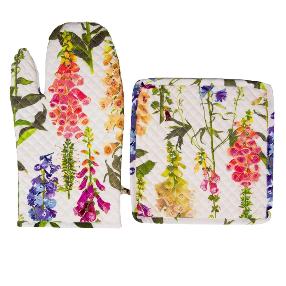 Caspari Kitchen Essentials|Foxgloves Oven Mitts And Pot Holders Set - 1 Piece Of Each