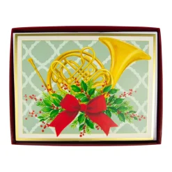 Caspari Christmas And Holiday Cards|Boxed Holiday Cards|French Horn With Swag Large Boxed Christmas Cards - includes 15 cards & envelopes