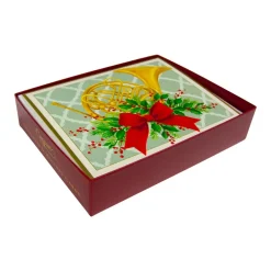 Caspari Christmas And Holiday Cards|Boxed Holiday Cards|French Horn With Swag Large Boxed Christmas Cards - includes 15 cards & envelopes