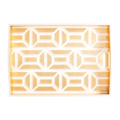 Caspari Lacquerware|Tailgates|Garden Gate Lacquer Large Rectangle Tray in White & Gold - 1 Each