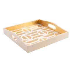 Caspari Lacquerware|Graduation Celebration|Garden Gate Lacquer Square Tray in White & Gold - 1 Each