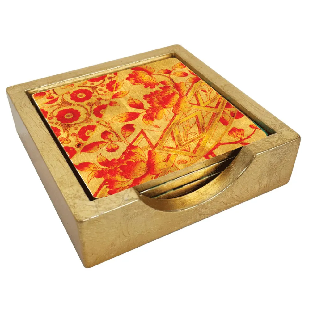 Caspari Coasters|Gilded Porcelain Coral & Gold Coasters - Set Of 4 In Holder