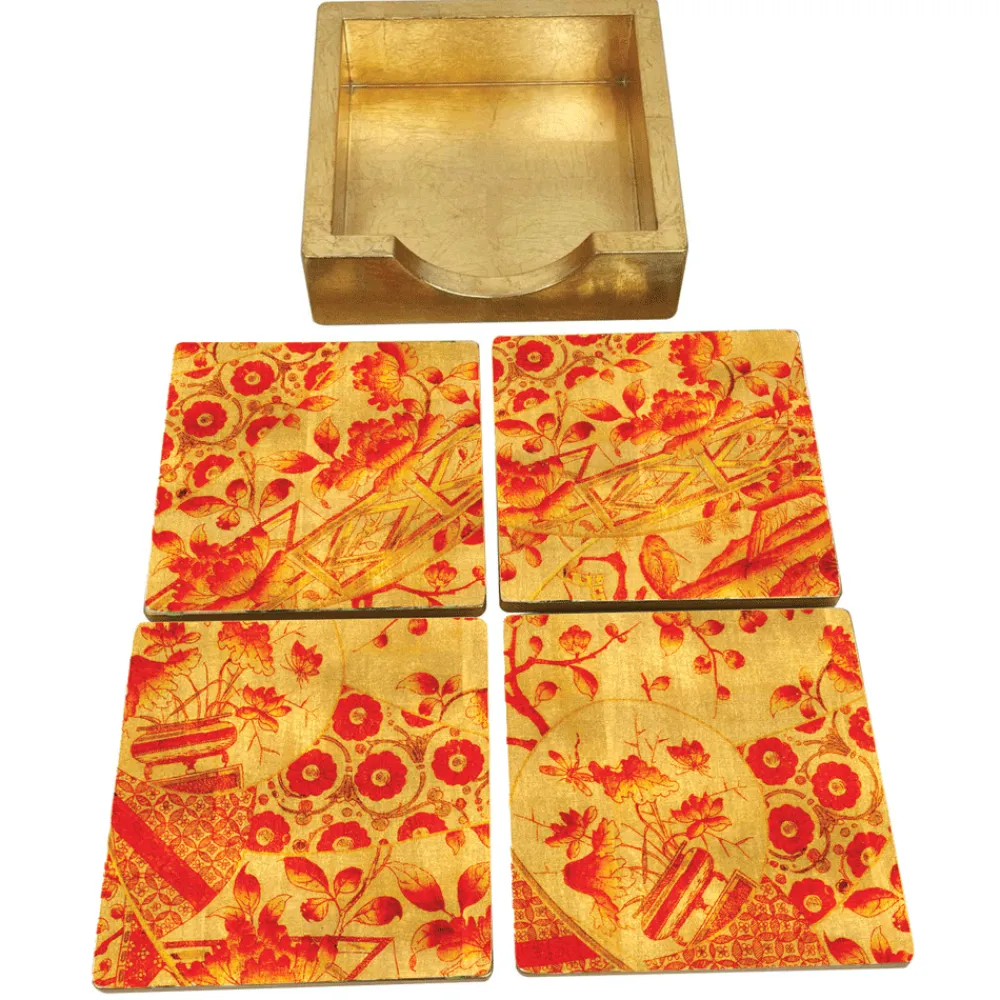 Caspari Coasters|Gilded Porcelain Coral & Gold Coasters - Set Of 4 In Holder