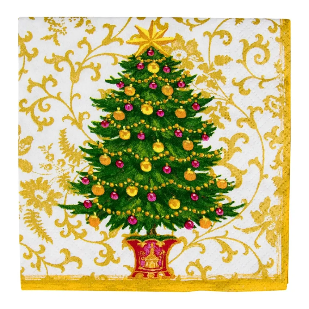 Caspari Christmas Napkins|Paper Cocktail Napkins|Gilded Tree Cocktail Napkins - 20 Per Package
