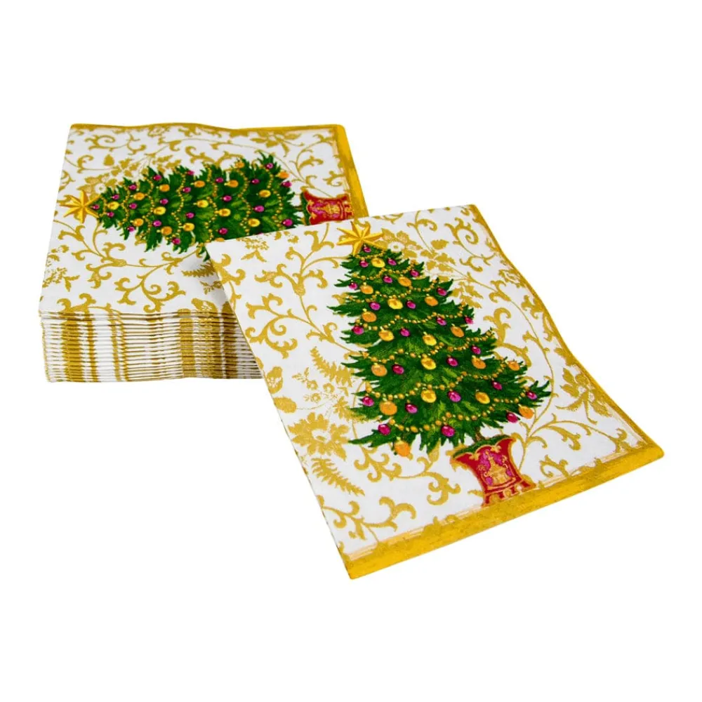 Caspari Christmas Napkins|Paper Cocktail Napkins|Gilded Tree Cocktail Napkins - 20 Per Package