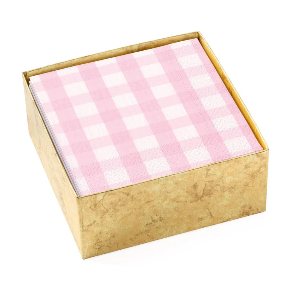 Caspari Boxed Cocktail Napkins|Gingham Boxed Paper Cocktail Napkins in Pink - 40 Per Box