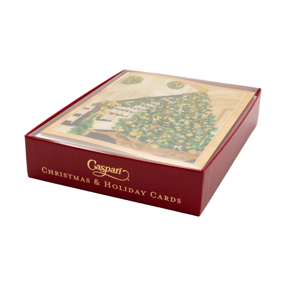 Caspari Christmas And Holiday Cards|Boxed Holiday Cards|Golden Christmas Tree And Staircase Classic Boxed Christmas Cards - includes 15 cards & envelopes