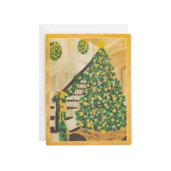 Caspari Christmas And Holiday Cards|Boxed Holiday Cards|Golden Christmas Tree And Staircase Classic Boxed Christmas Cards - includes 15 cards & envelopes