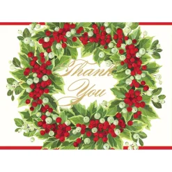 Caspari Thank You Notes|Holly And Berry Wreath Foil Thank You Notes - 8 Note Cards And Envelopes